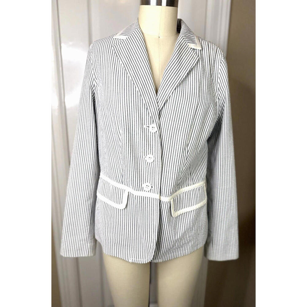 Liz Claiborne 12  Seersucker White Grey Stripes Womens Designer Blazer Jacket